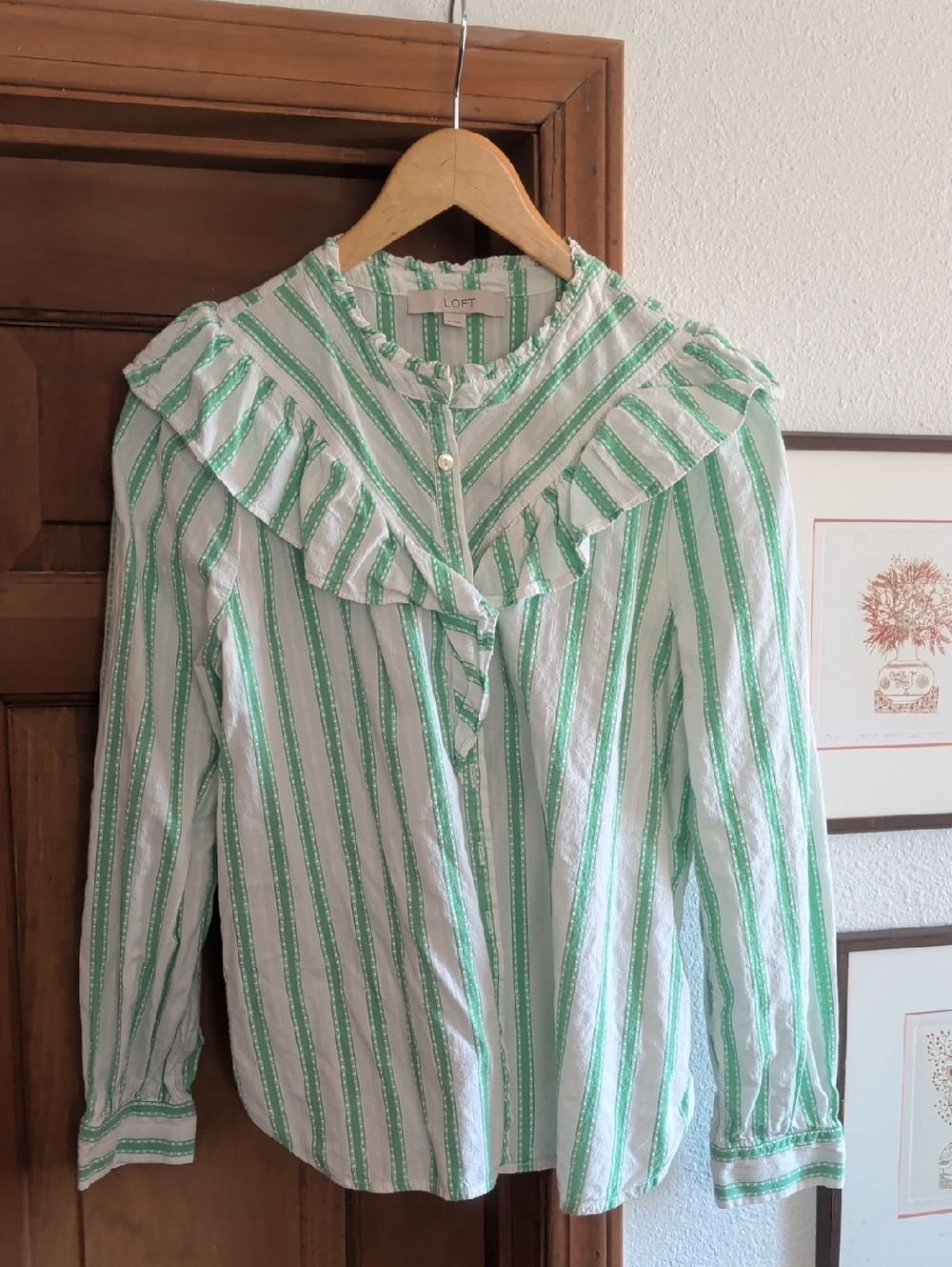 LOFT White & Green Striped Ruffle Collar Blouse